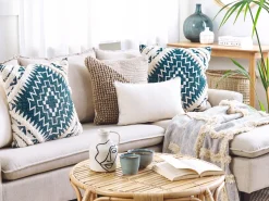 Almofada De Algodao Com Padrao Geometrico 50 X 50 Cm Azul E Creme Safi