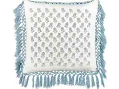 Almofada Decorativa Com Padrao Floral E Borlas Em Algodao Branco E Azul 45 X 45 Cm Pallida