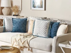 Almofada Decorativa Com Padrao Floral E Borlas Em Algodao Branco E Azul 45 X 45 Cm Pallida