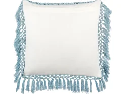 Almofada Decorativa Com Padrao Floral E Borlas Em Algodao Branco E Azul 45 X 45 Cm Pallida