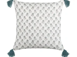 Almofada Decorativa Com Padrao Floral E Borlas Em Algodao Branco A Azul 45 X 45 Cm Cornus