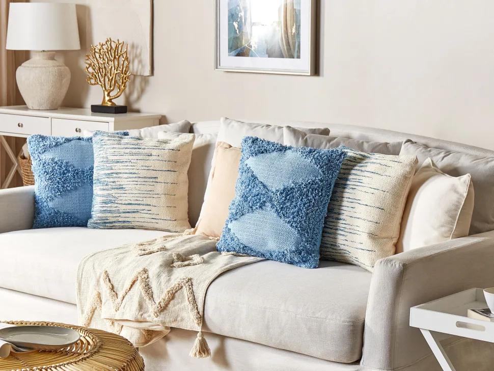 Almofada Decorativa Creme E Azul 45 X 45 Cm Rivina