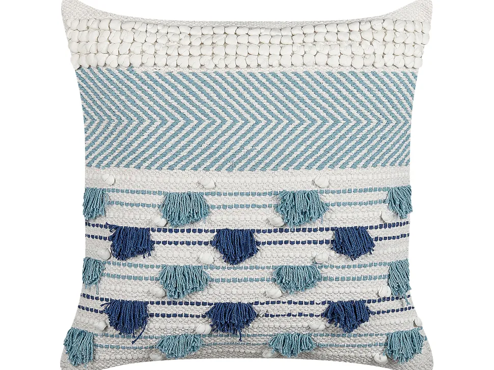Almofada Decorativa Em Algodao Branco E Azul Com Borlas 45 X 45 Cm Datura