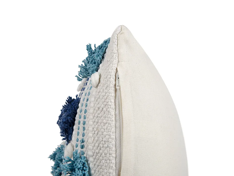 Almofada Decorativa Em Algodao Branco E Azul Com Borlas 45 X 45 Cm Datura