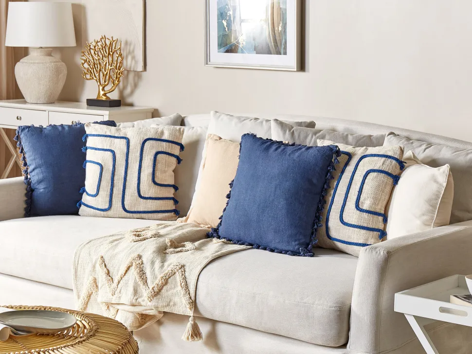 Almofada Decorativa Em Algodao Creme E Azul Marinho Com Padrao Abstrato 45 X 45 Cm Pleione