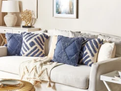 Almofada Decorativa Tufada Em Algodao Creme E Azul 45 X 45 Cm Jacaranda