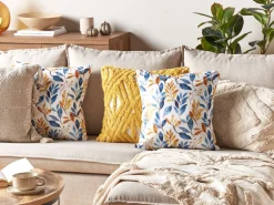 Almofada Em Veludo Amarelo E Azul Com Padrao De Folha 45 X 45 Cm Cattleya