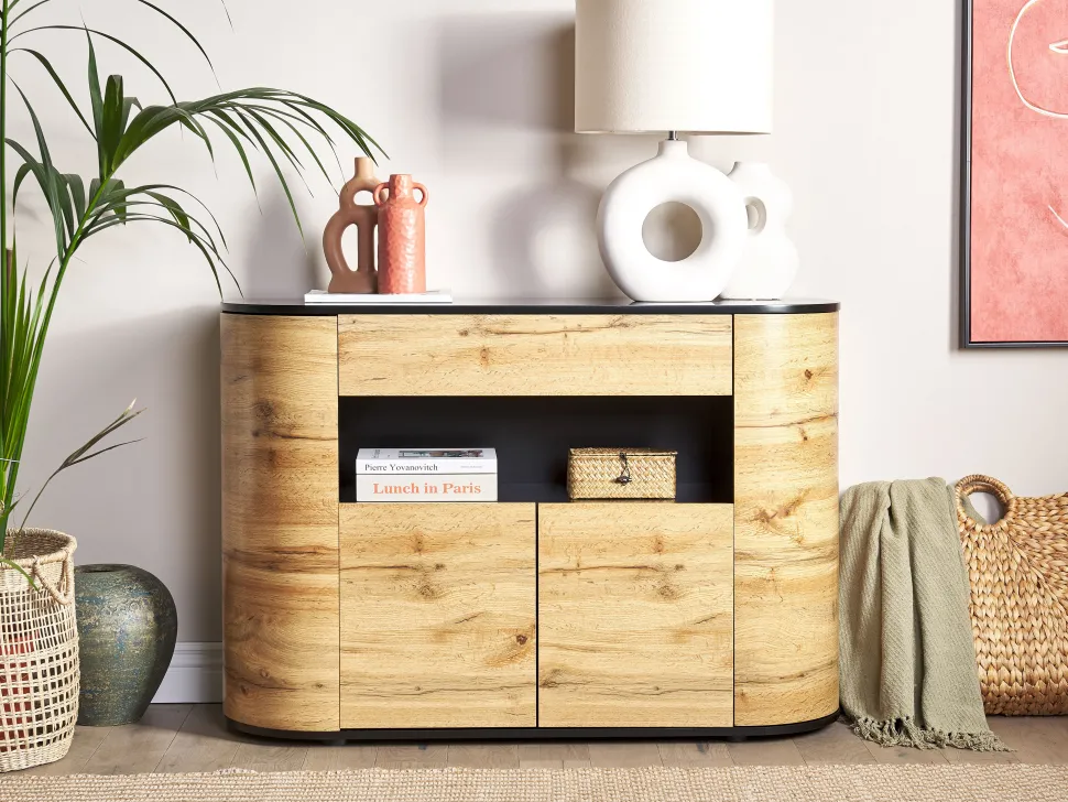 Aparador Com 1 Gaveta E 4 Portas Cor De Madeira Clara E Preto Jerome