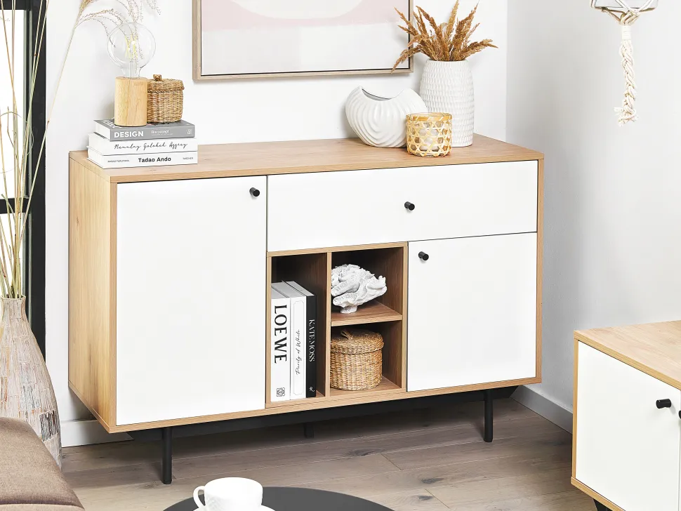 Aparador Com 1 Gaveta E 2 Portas Cor De Madeira Clara E Branco Itaca