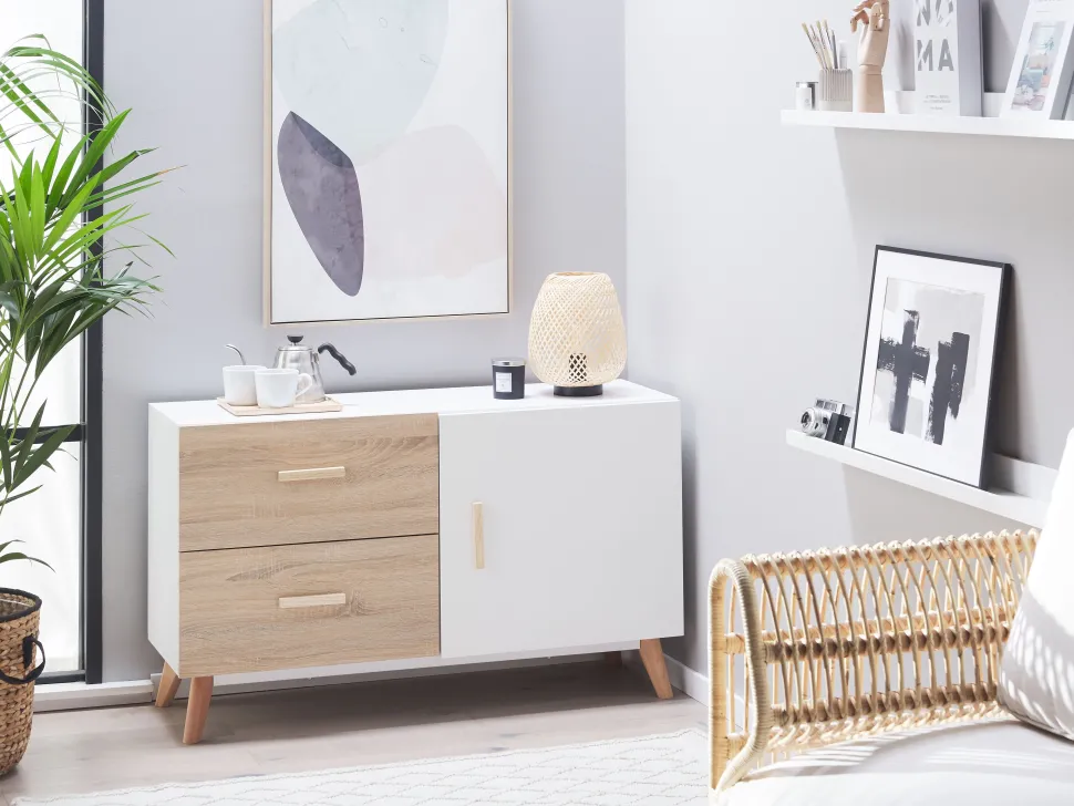 Aparador Com 2 Gavetas E 1 Porta Branco E Cor De Madeira Clara Fili