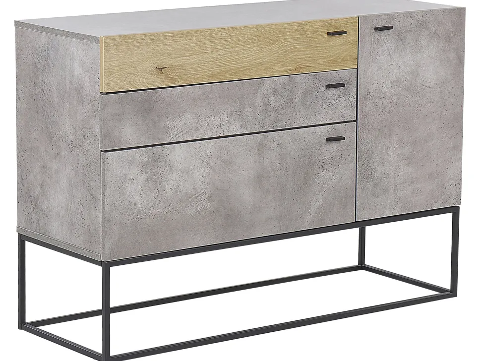 Aparador Com 3 Gavetas E 1 Porta Em Efeito De Concreto E Cor De Madeira Clara Arietta
