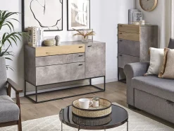 Aparador Com 3 Gavetas E 1 Porta Em Efeito De Concreto E Cor De Madeira Clara Arietta