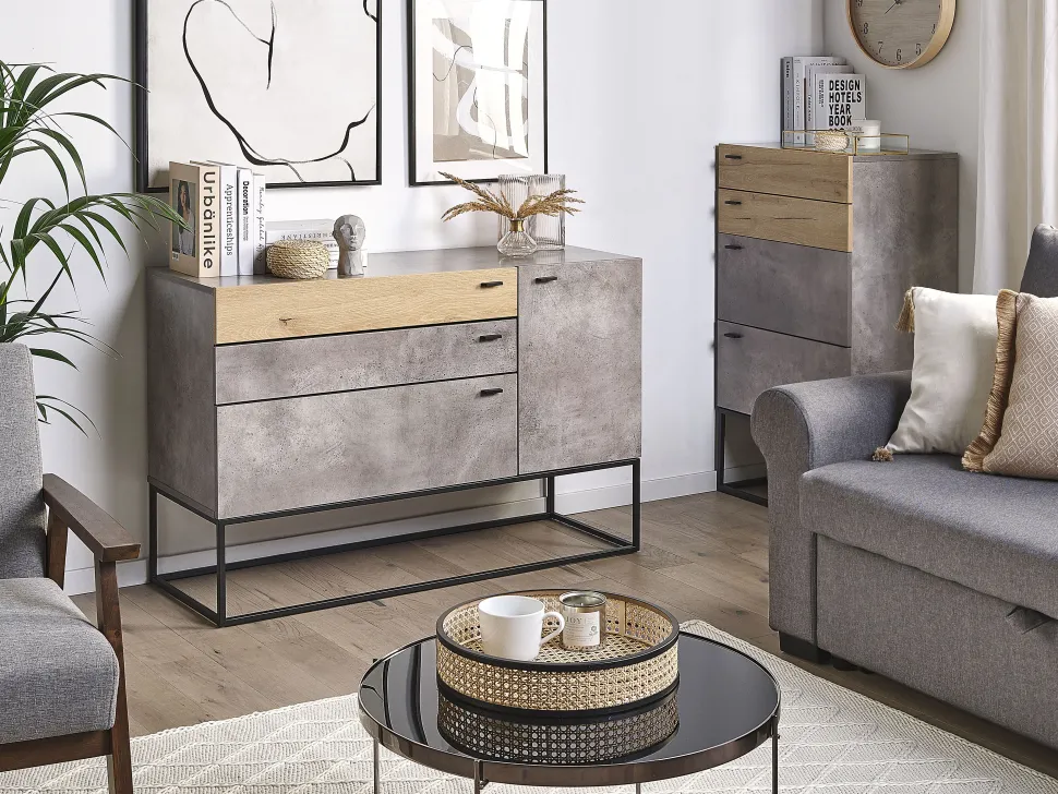 Aparador Com 3 Gavetas E 1 Porta Em Efeito De Concreto E Cor De Madeira Clara Arietta