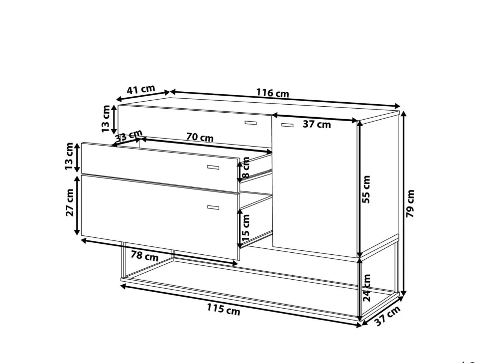 Aparador Com 3 Gavetas E 1 Porta Em Efeito De Concreto E Cor De Madeira Clara Arietta
