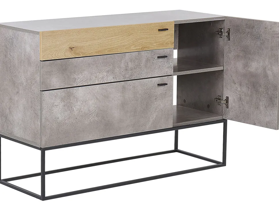 Aparador Com 3 Gavetas E 1 Porta Em Efeito De Concreto E Cor De Madeira Clara Arietta