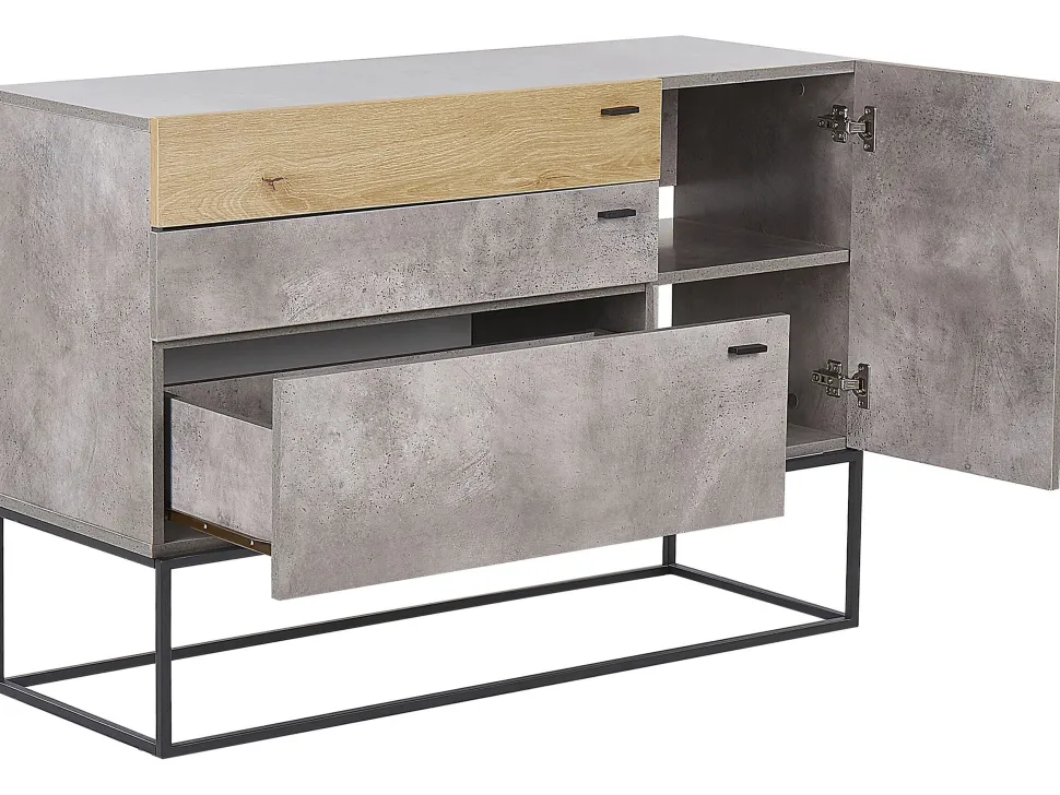 Aparador Com 3 Gavetas E 1 Porta Em Efeito De Concreto E Cor De Madeira Clara Arietta