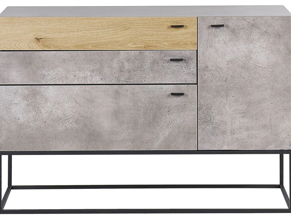 Aparador Com 3 Gavetas E 1 Porta Em Efeito De Concreto E Cor De Madeira Clara Arietta