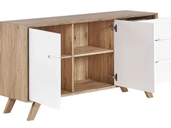 Aparador Com 3 Gavetas E 2 Porta Branco E Cor De Madeira Clara Forester