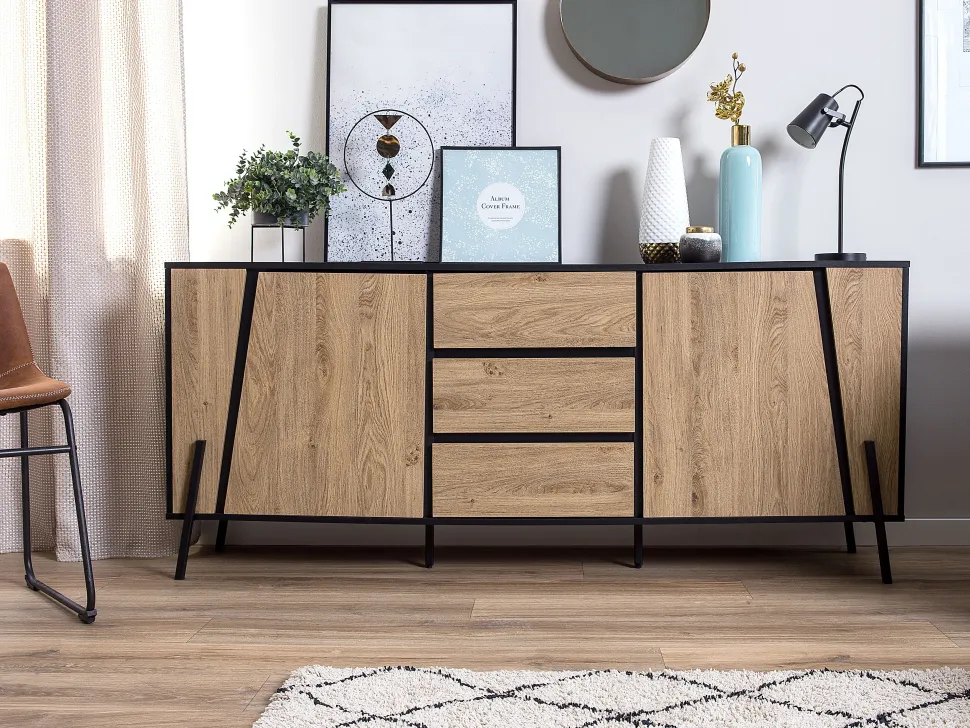 Aparador Com 3 Gavetas E 2 Portas Cor De Madeira Escura Blackpool