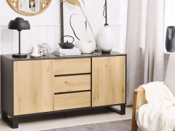 Aparador Com 3 Gavetas E 2 Portas Cor De Madeira Clara E Preto Elda