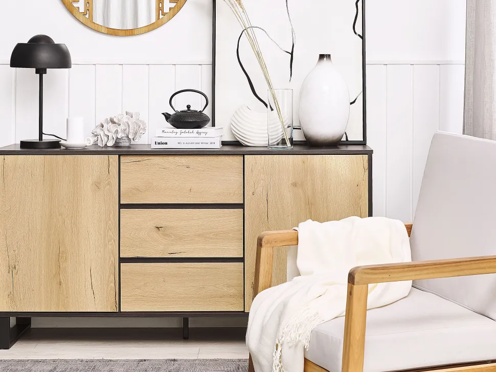 Aparador Com 3 Gavetas E 2 Portas Cor De Madeira Clara E Preto Elda