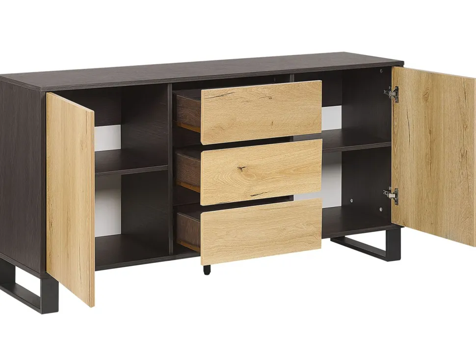 Aparador Com 3 Gavetas E 2 Portas Cor De Madeira Clara E Preto Elda