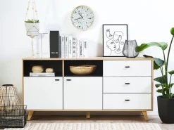 Aparador Com 3 Gavetas E 2 Portas Cor De Madeira Clara E Branco Ilion