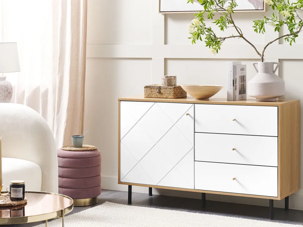 Aparador Com 3 Gavetas E 1 Porta Em Madeira Clara E Branco Palmer