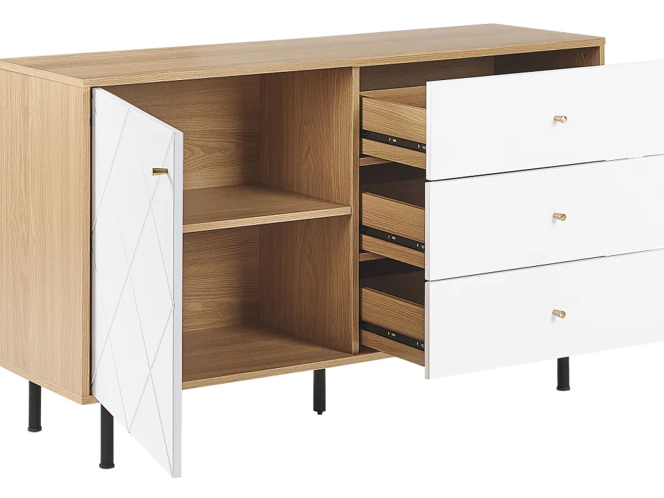 Aparador Com 3 Gavetas E 1 Porta Em Madeira Clara E Branco Palmer