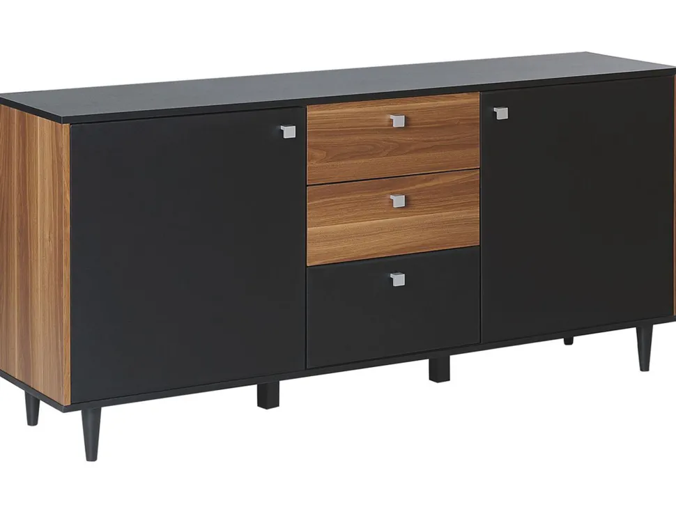 Aparador Com 3 Gavetas E 2 Portas Preto E Cor De Madeira Escura Kuro