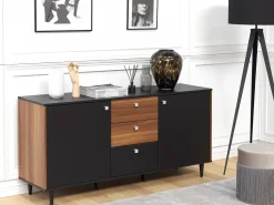 Aparador Com 3 Gavetas E 2 Portas Preto E Cor De Madeira Escura Kuro