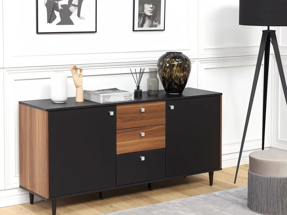 Aparador Com 3 Gavetas E 2 Portas Preto E Cor De Madeira Escura Kuro