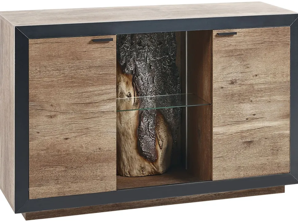 Aparador Com 2 Portas E Led Em Madeira Clara E Preto Marana