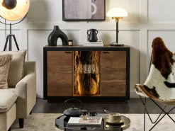 Aparador Com 2 Portas E Led Em Madeira Clara E Preto Marana