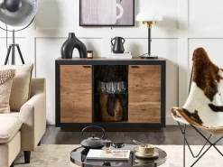 Aparador Com 2 Portas E Led Em Madeira Clara E Preto Marana