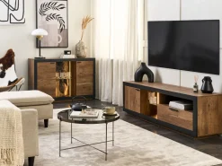 Aparador Com 2 Portas E Led Em Madeira Clara E Preto Marana