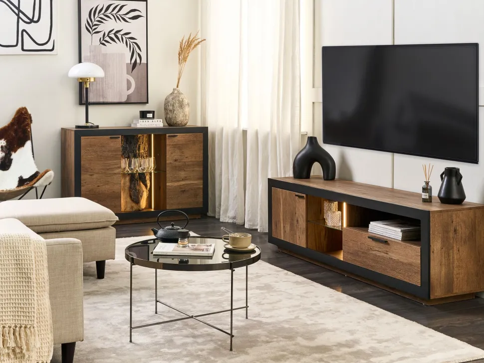 Aparador Com 2 Portas E Led Em Madeira Clara E Preto Marana