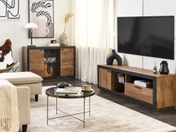 Aparador Com 2 Portas E Led Em Madeira Clara E Preto Marana