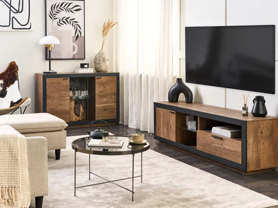 Aparador Com 2 Portas E Led Em Madeira Clara E Preto Marana