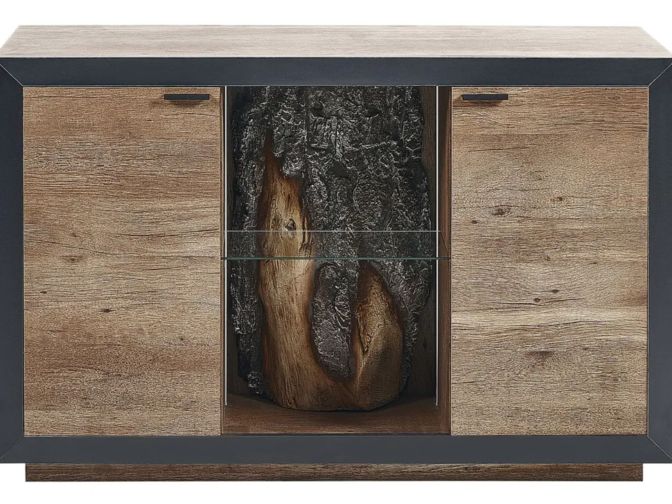 Aparador Com 2 Portas E Led Em Madeira Clara E Preto Marana