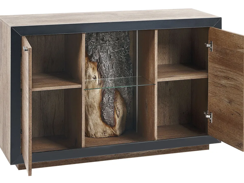 Aparador Com 2 Portas E Led Em Madeira Clara E Preto Marana