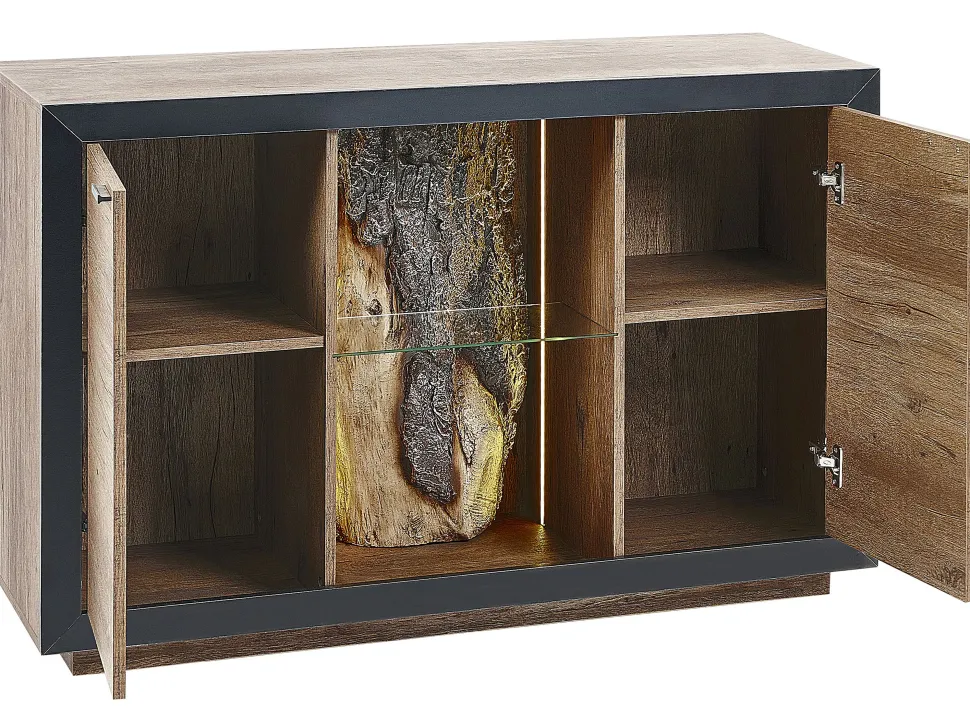 Aparador Com 2 Portas E Led Em Madeira Clara E Preto Marana