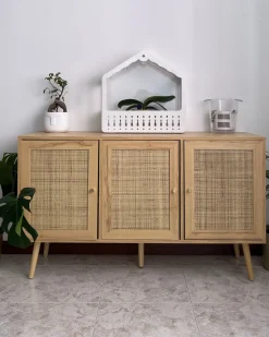 Aparador Com 3 Portas Em Rattan Castanho Claro Perote