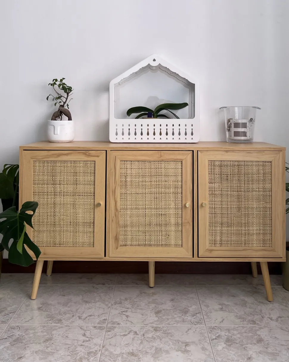 Aparador Com 3 Portas Em Rattan Castanho Claro Perote
