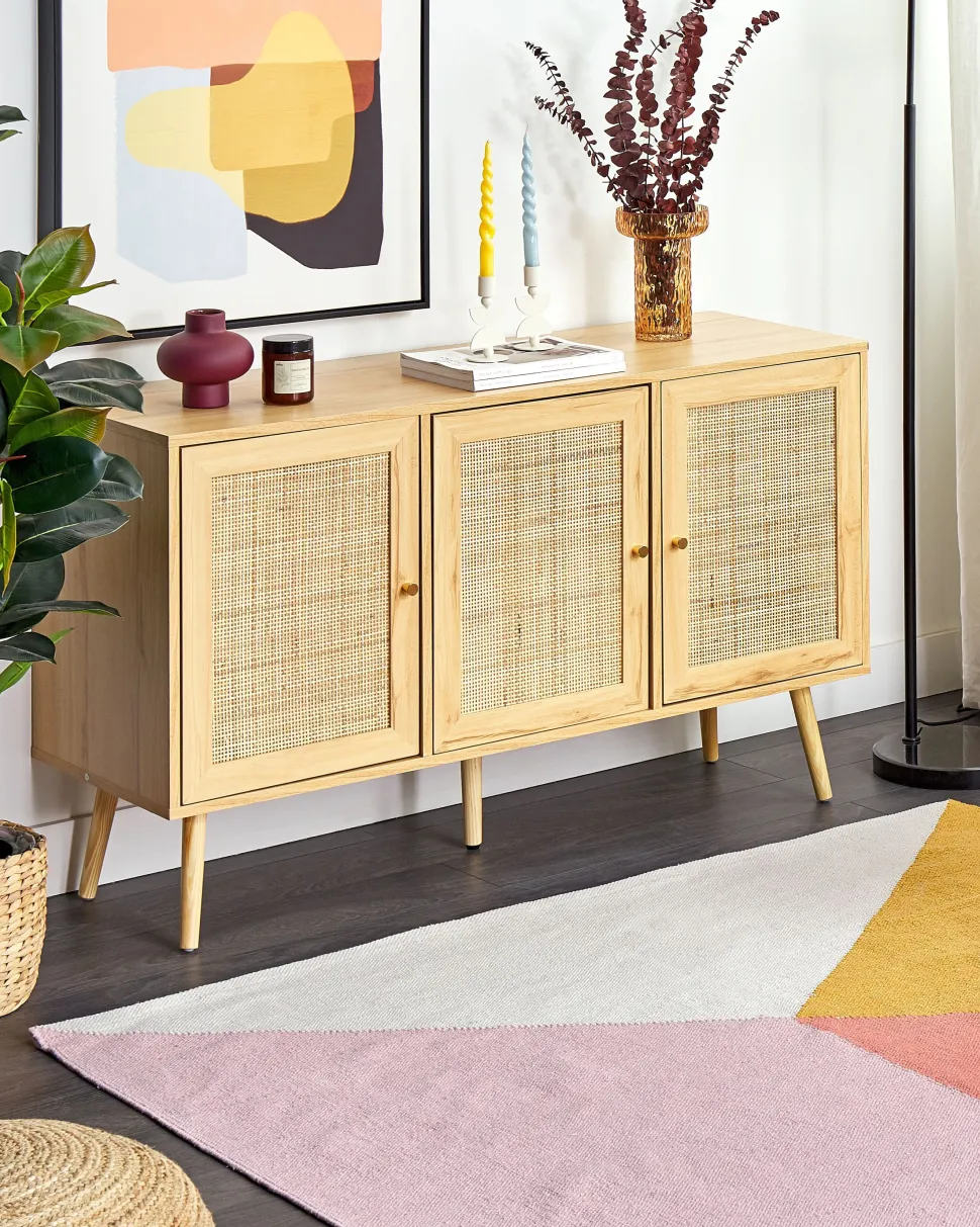 Aparador Com 3 Portas Em Rattan Castanho Claro Perote