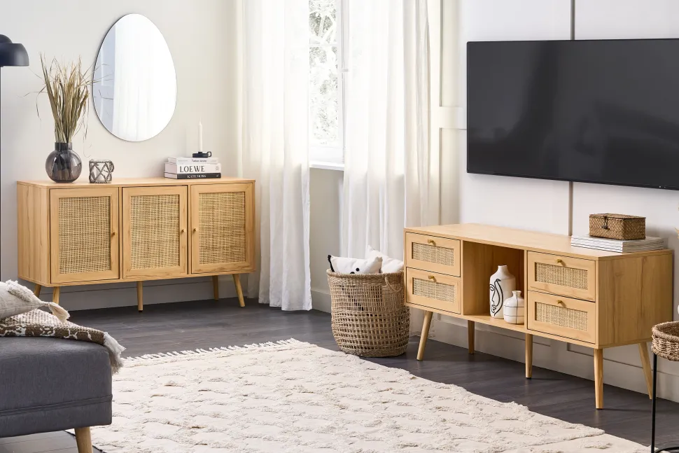 Aparador Com 3 Portas Em Rattan Castanho Claro Perote