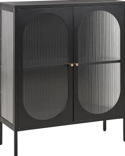 Aparador Metalico Preto Com 2 Portas E Vidro Canelado Sarre