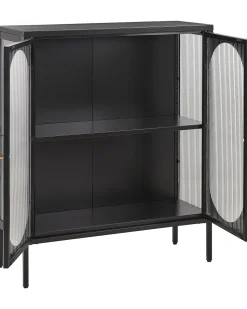 Aparador Metalico Preto Com 2 Portas E Vidro Canelado Sarre