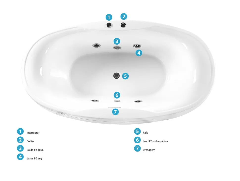 Banheira Autonoma De Hidromassagem Em Acrilico Branco Com Led 180 X 100 Cm Mustique