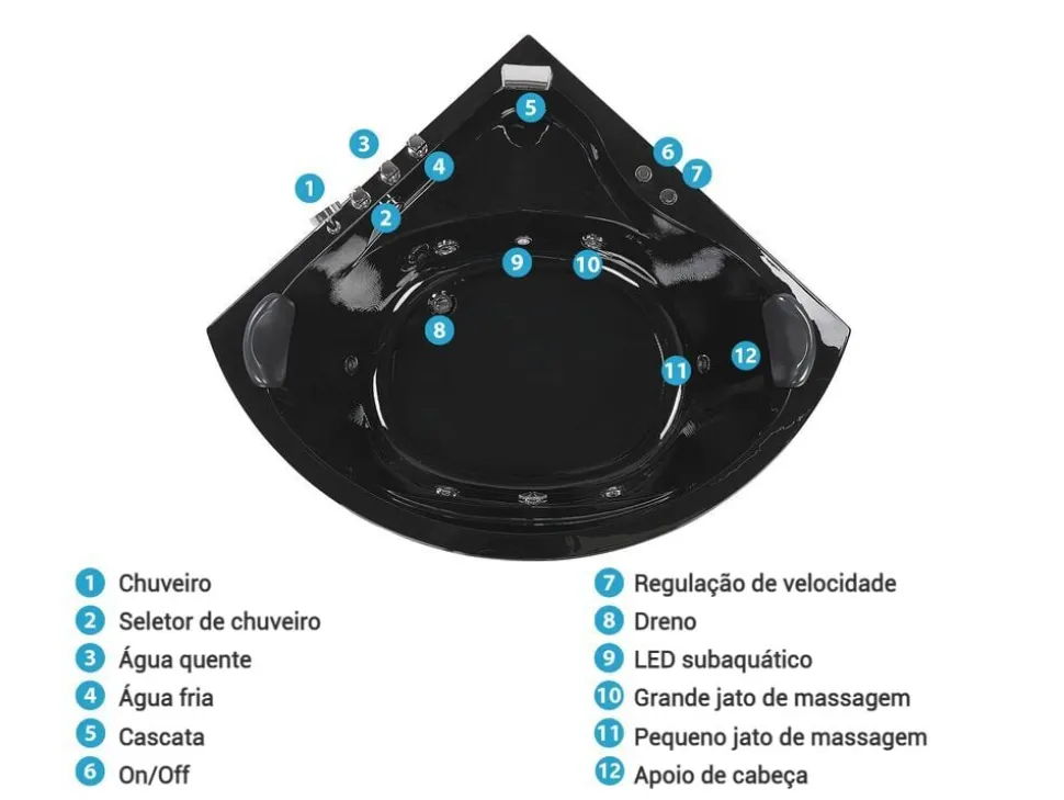 Banheira De Hidromassagem De Canto Em Acrilico Preto Com Led 140 X 140 Cm Baracoa